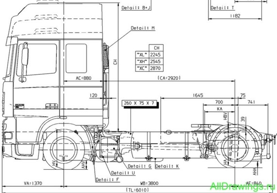 DAF XF 95 Low-Deck wb 380 (2004) чертежи (рисунки) грузовика